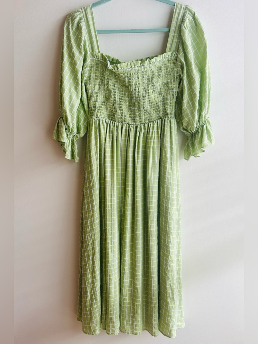 Aura Light Green Smocked Top with White Grid - Picture 2 of 4